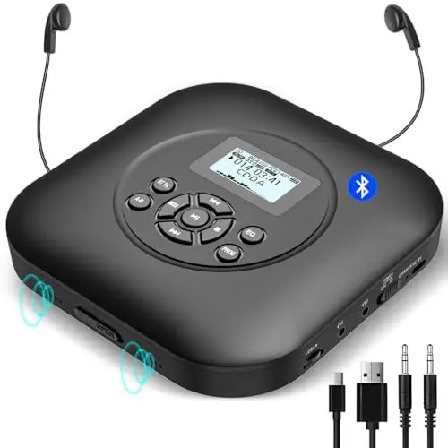 Produktbild: Tragbarer CD Player Bluetooth mit Lautsprechern, wiederaufladbarer 1800mAh CD-Player tragbar mit Stoßschutz/Anti-Skip-Schutz, Kopfhörer und AUX-Kabel, für Auto, Haus & Reisen.