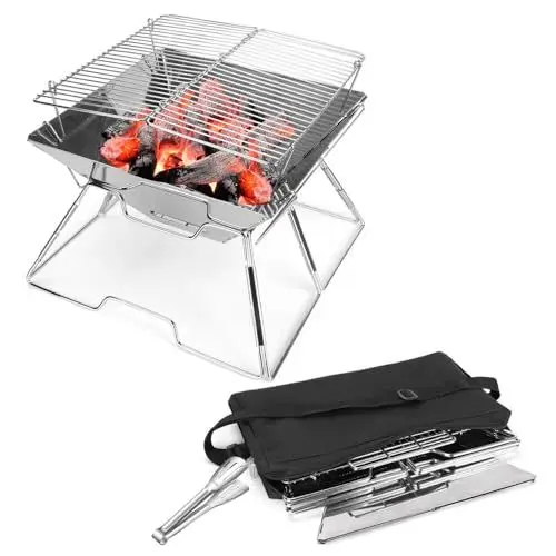 Produktbild: Tragbarer Hochleistungs Campinggrill Mit Tragetasche, Rostschutz Korrosionsbeständigkeit, Zusammenklappbarer Lagerfeuergrill, Camping-Feuerstelle, 430 Edelstahlgrill Für Camping, Picknicks, Reisen Usw