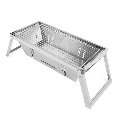 Produktbild: Holzkohlegrill, Zusammenklappbarer Tragbarer Grill aus Edelstahl, Kleiner Outdoor-BBQ-Grill mit Grillrost, Spießen, Grillnetz, Handschuhen und Aufbewahrungstasche für Camping
