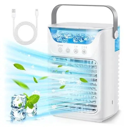 Produktbild: Tragbarer Klimaanlagenventilator 4 in 1, 700 ml Verdunstungs Mini Luftkühlerventilator mit Touchscreen, 3 Gang Befeuchtung und 7 LED Lichtern, 2 6 Stunden Timer, Persönliche