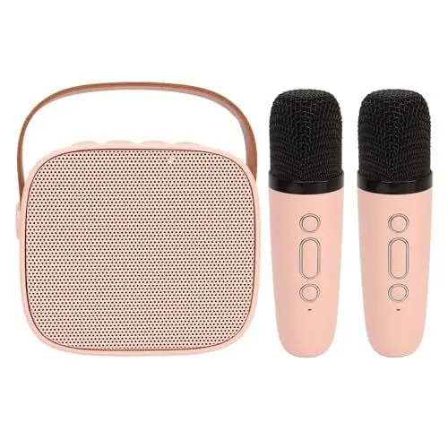 Produktbild: Tragbarer -Lautsprecher, Mini-Retro-ABS-Karaoke-Maschine, Mehrere Spielmodi, 10 M, Kabellos, mit Mikrofon für Zuhause (Rosa Doppelmikrofon 1600 mAh Lithium-Ionen-Akku)