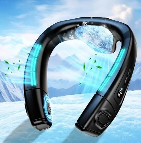 Produktbild: Tragbarer Nackenventilator Mit großer Eiskühlplatte, Hals Ventilator Unterwegs Mobile Klimaanlage Leise 6000mAh USB Wiederaufladbar, 360° Kühlung, Luftauslass Hinten, 3 Kühlstufen für Reise Büro Außen