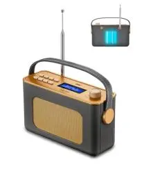 Produktbild: Tragbarer Retro Design DAB Plus/FM Radio, Bluetooth Lautsprecher DAB + Radio mit Wiederaufladbarer Lithium-Akku, Radiowecker, Starkem Empfang, Inklusive DC Netzkabel (Grau)