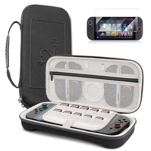Produktbild: Tragetasche für Switch 2, Hard Travel Shell kompatibel mit Nintndos Switch 2-Konsole mit 10 Spielpatronenhaltern und gehärtetem Film, wasserdicht und stoßdichtes Design, tragbares Gaming-Zubehör