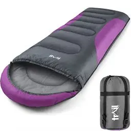 Produktbild: Trail-Alpin-Schlafsack mit Kapuze – 250 g Schlafsack, 3-Jahreszeiten- Schlafsack. Leicht, kleines Packmaß – mit Kapuze und Kompressionssack (Lila)