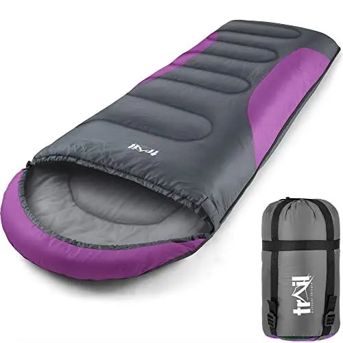 Produktbild: Trail-Alpin-Schlafsack mit Kapuze – 250 g Schlafsack, 3-Jahreszeiten- Schlafsack. Leicht, kleines Packmaß – mit Kapuze und Kompressionssack (Lila)