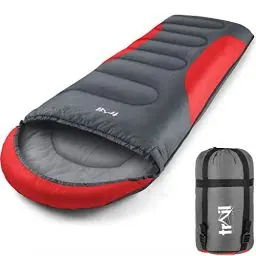 Produktbild: Trail-Alpin-Schlafsack mit Kapuze – 250 g Schlafsack, 3-Jahreszeiten- Schlafsack. Leicht, kleines Packmaß – mit Kapuze und Kompressionssack (Rot)
