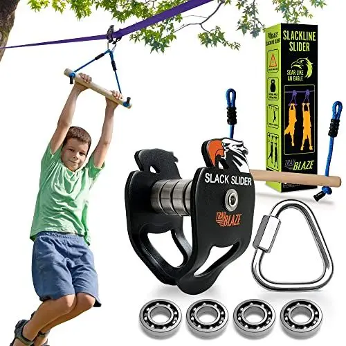 Produktbild: Slackline Slider Zipline Kit für Kinder – Pulley Monkey Bar lässt Sich an jeder Slack Line befestigen – Kinder Slackline Zipline Kit Outdoor Hinterhof Zip Line Spaß