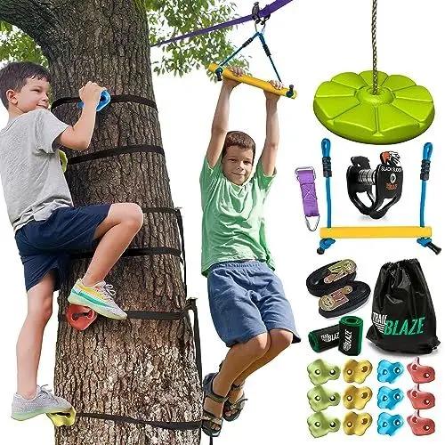 Produktbild: Trailblaze Zipline-Set und Baum-Klettergriffe - 70 Fuß Slackline-Zipline für den Hinterhof-Ninja-Warrior-Hindernisparcours für Kinder - 300 Pfund Tragfähigkeit Monkey Bar für Kinder-Schaukel