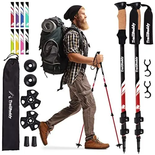 Produktbild: TrailBuddy Walking-Stöcke - Teleskop-Wanderstöcke für Damen & Herren - 62-137 cm - Ultraleichte Trekkingstöcke aus 7075 Aluminium - 1 Paar (Rot)