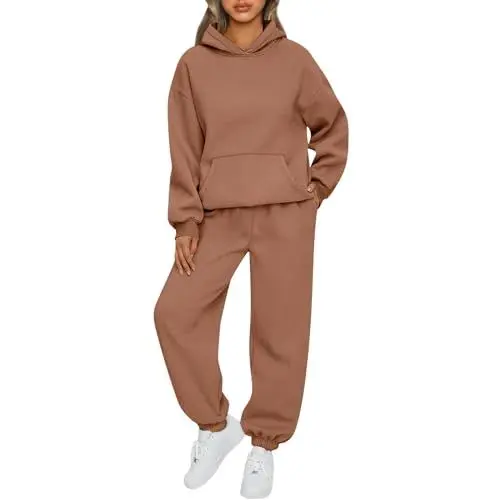 Produktbild: Trainingsanzug Damen Jogginganzug Damen Zweiteiler Damen Hausanzug Damen Hoodie Sporthose Activewear 2 Teiler Damen Lounge Wear Damen Winter Sport Outfit Damen Freizeitanzug Damen Set(Brown,L)