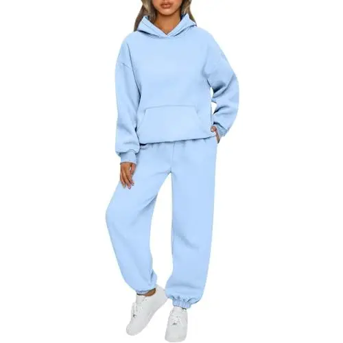 Produktbild: Trainingsanzug Damen Jogginganzug Damen Zweiteiler Damen Hausanzug Damen Hoodie Sporthose Activewear 2 Teiler Damen Lounge Wear Damen Winter Sport Outfit Damen Freizeitanzug Damen Set(Sky Blue,L)