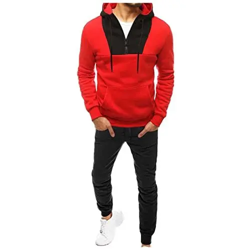 Produktbild: Trainingsanzug Herren 2 Pcs Jogginganzug Set mit Taschen Baumwolle mit Hose Männer Baggy Sportanzug Basic Freizeitanzug Trainingsanzug Herren Winter Jogginghose Herren Schwarz Rot Sportsachen Herren