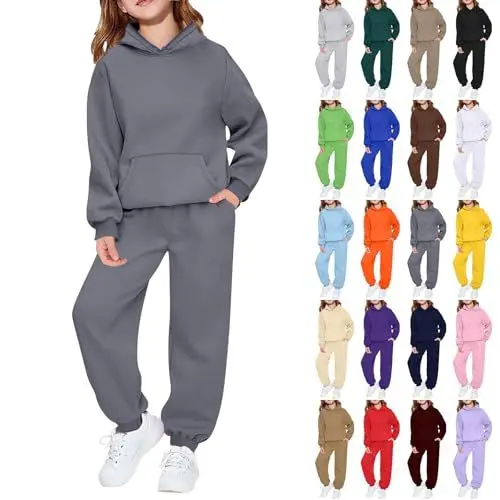 Produktbild: Trainingsanzug Kinder Zweiteiliger Jungen Mädchen Einfarbig Jogginganzug Langarm Hoodie und Jogginghose mit Kordelzug Sport Set 2 Teilig Kinder Outfit Herbst Winter Sportkleidung Tracksuit 2-14 Jahre