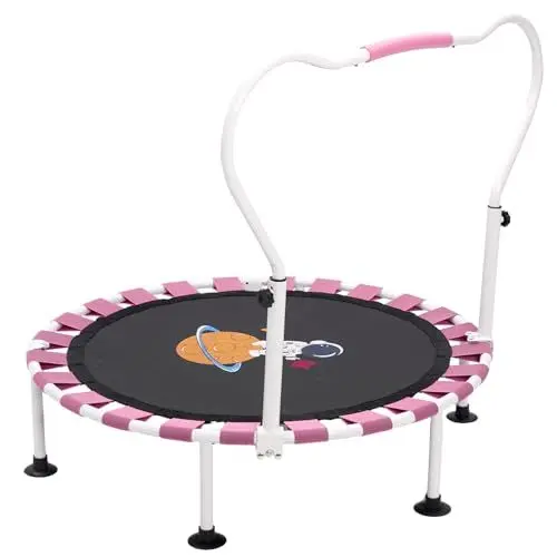 Produktbild: Trampolin Kinder,Ø 101cm Trampolin Indoor mit Faltbarem Bungee-Rebounder,Verstellbarem Schaumstoffgriff und Sicherheitspolster, Kindertrampolin Outdoor für Jungen Mädchen ab 3 Jahre (Rosa)
