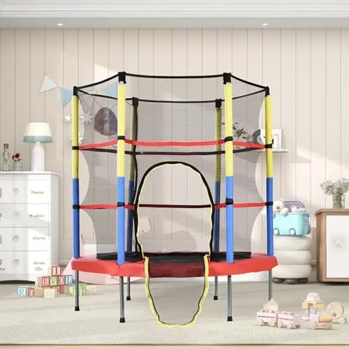 Produktbild: Trampolin mit Sicherheitsnetz und Basketballkorb für Indoor Outdoor mit Reißverschluss, gepolsterten Stangen, 6 stabilen Beinen, inkl. Ballpumpe und 2 Basketbällen, ideal für Spiel und Bewegung