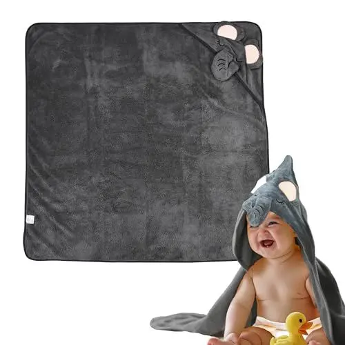 Produktbild: TranquilBeauty Baby Kapuzen Handtuch - Weiches Bio 100% Polyester Baby Bademantel mit Kapuze und Elephant Design - Bath Towel Handtücher für Säuglinge und Kleinkinder, Grau