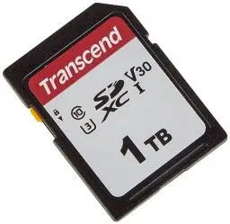 Produktbild: Transcend Highspeed 1TB SDXC Speicherkarte (für Digitalkameras·· Bilder & Videos·· Autoradio) Class 10, UHS-I U3, Video Speed Class V30 für 4K Ultra HD TS1TSDC300S