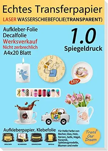 Produktbild: TransOurDream A4X20 Blatt,Laser Wasserschiebefolie(TRANSPARENT) Decal Abziehbild - Wasser Deacal Transferfolie,Nassschiebefolie für Spielzeugmodelle,Tassen,Keramik, Glas, Kunststoff,Kerzentattoos