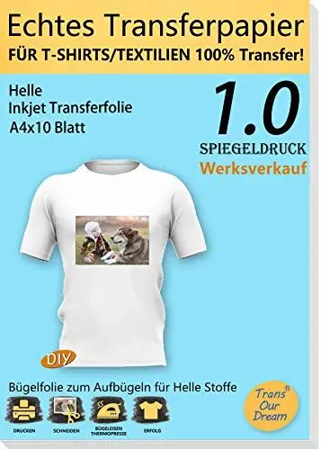 Produktbild: TransOurDream A4X10 Blatt, ECHTE Inkjet Bügelfolie(Transparent),Transferfolie Transferpapier, bedruckbare Transferfolie für helle T-Shirts und Textilien,T-Shirt Folie zum Aufbügeln,Transfer Paper