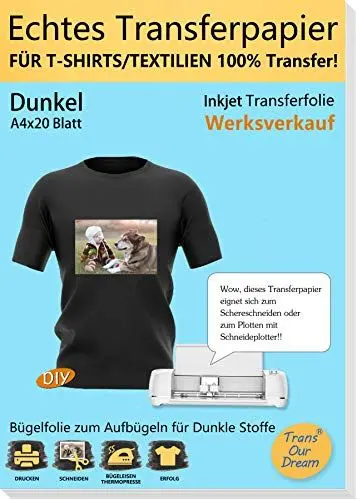 Produktbild: TransOurDream ECHTE Inkjet Bügelfolie Transferpapier für Dunkle Stoffe,DIN A4X20 Blatt,Inkjet Textilefolien,Transferfolie für dunkle T-Shirts und Textilien,Tintenstrahldrucker Folien (3-20)
