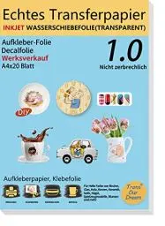 Produktbild: TransOurDream ECHTE Inkjet Wasserschiebefolie(TRANSPARENT) Decalfolie für Tintenstrahldrucker,A4X20 Blatt, Transferfolie,Bedruckbares Aufklebepapier für Spielzeugmodelle,Tassen,Keramik, Glas,Kerze