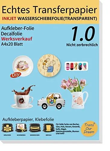 Produktbild: TransOurDream ECHTE Inkjet Wasserschiebefolie(TRANSPARENT) Decalfolie für Tintenstrahldrucker,A4X20 Blatt, Transferfolie,Bedruckbares Aufklebepapier für Spielzeugmodelle,Tassen,Keramik, Glas,Kerze