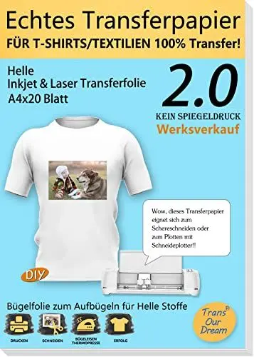 Produktbild: TransOurDream A4X20 Blatt+2 Silikonpapier,Echte Inkjet/Laser T-Shirt Transferpapier,Transferfolie Bügelfolie(durchscheinend Folie), für helle Textilien, Textilien Aufbügeln