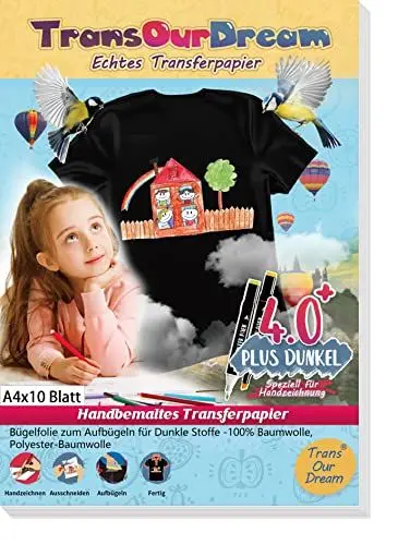 Produktbild: TransOurDream Echte Malen/Zeichnen Transferfolie,Bügelfolie für Dunkle Textilien,DIN A4X10 Blatt,T-Shirt Papier für dunkle T-Shirts(3-4.0-10)