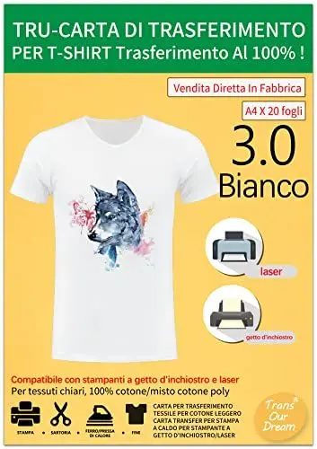 Produktbild: TransOurDream A4X20, Transferpapier aus Stoff für leichte Baumwolle, Tintenstrahl- und Laserdrucker, Stofftransferpapier, Farbe: Weiß (I-2-3.0-20)
