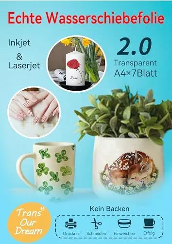 Produktbild: TransOurDream A4X7 Blatt,Upgrade Inkjet/Laser Wasserschiebefolie(Sehr gut für Kerzen) Hauchdünn,Abziehbild - Decalfolie,Nassschiebefolie für Spielzeugmodelle,Tassen,Keramik, Glas, Kunststoff(D-10-7)