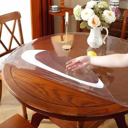 Produktbild: Transparent Kunststoff-Tischdecke, Klarsicht Runde Vinyl Tischdecke Wasserdicht PVC-Schutztischunterlage, rutschfest, Hitzebeständig für Kaffee- und Esszimmertisch (1.5mm 140cm)