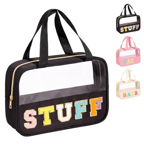 Produktbild: Transparente Kulturtasche Schwarz (20x30x10cm) - Wasserdichter Metallreißverschluss, Stickbuchstaben Design für Reise Make-up Organizer - Inkl. Griff, Flughafen geeignet