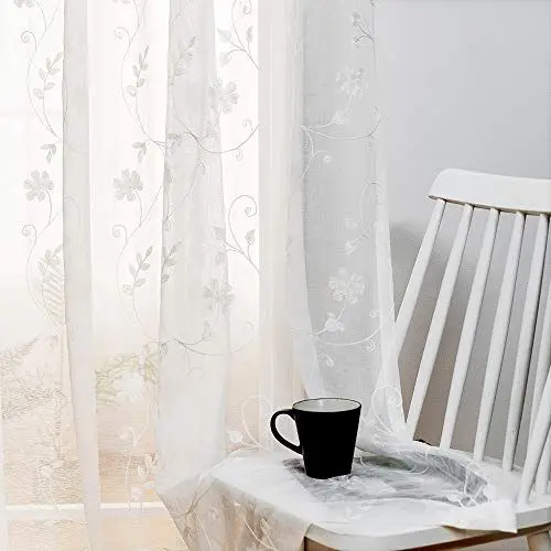 Produktbild: Transparente Vorhänge Mit Blumenstickerei, 114 cm Länge, Stangentasche, Voile für Wohnzimmer, Schlafzimmer, Fensterbehandlungen, Halbknisternde für Hof, 2er-Set, 132.1x114.3 cm