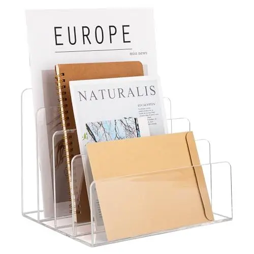 Produktbild: Transparenter Acryl-Aktenhalter, Verdicken Acryl Akten Organizer 4 Abschnitte vertikaler Schreibtisch-Organizer Büro-Aktenordner Ständer für Dokumente Briefbuch