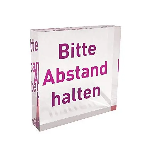 Produktbild: transparenter Acrylblock als Infoständer, Hinweisaufsteller mit Aufdruck „Bitte Abstand halten“ in der Farbe Pink (rosa), Infoaufsteller aus original PLEXIGLAS