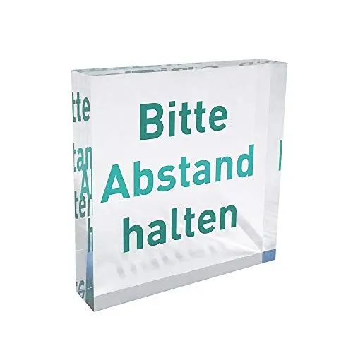 Produktbild: transparenter Acrylblock als Infoständer, Hinweisaufsteller mit Aufdruck „Bitte Abstand halten“ in der Farbe Türkis, Infoaufsteller aus original PLEXIGLAS