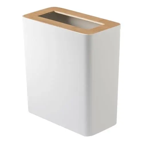 Produktbild: Yamazaki 3196 RIN Mülleimer 10L, rechteckig, weiß, Stahl/Holz, Minimalistisches Design, 28 x 15 x 30 cm (LxBxH)