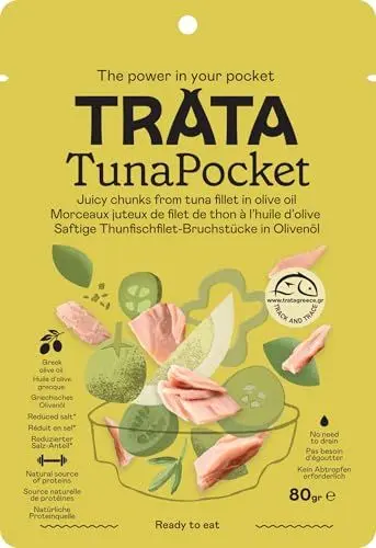 Produktbild: TRATA Tuna Pocket mit Olivenöl | Saftiger Thunfisch | Thunfischfilet-Stücke in Olivenöl | Kein Abtropfen nötig | Proteinquelle - High Protein