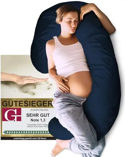 Produktbild: Traumreiter Seitenschläferkissen Visco J-XL mit Bezug Marine Blau. Hybrid Kissen + 1cm Memory Foam J Form Schwangerschaftskissen Gel Body Pillow Komfortkissen Erwachsene Ergonomie Zertifiziert