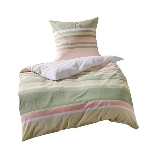 Produktbild: Traumschlaf Basic Seersucker Bettwäsche Streifen grün 1 Bettbezug 200 x 220 cm + 2 Kissenbezüge 80 x 80 cm