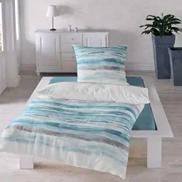 Produktbild: Traumschlaf Seersucker Bettwäsche Set •Bügelfrei• Erfrischendes Wellendesign luftig leichte Bettwäsche Sommer in türkis grau mit Reißverschluss • 135x200 cm + 80x80 cm