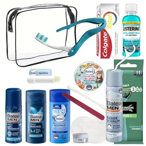 Produktbild: Travel Essentials im Handgepäck-freundlichen Pflege-Set – Transparente Kulturtasche gefüllt mit kleinen Kosmetik Produkten – Ideal als Carry-on Reisegrößen Set für die Flugreise (Männer)