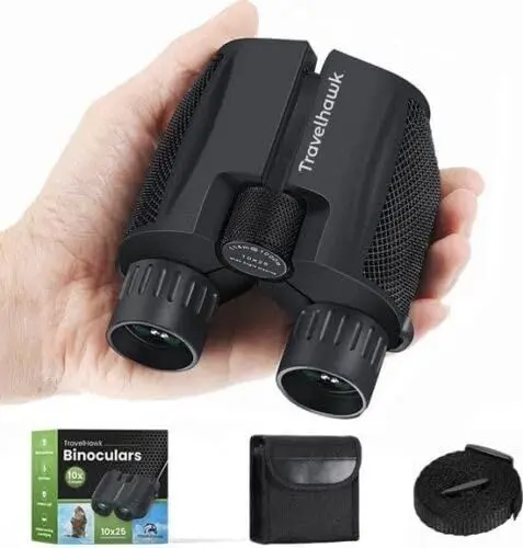 Produktbild: TravelHawk Fernglas 10x25 HD, Kompakte Ferngläser Erwachsene Kinder BAK4 Prisma Feldstecher Wasserdicht Ferngläser Klein Vogelbeobachtung Jagd Reise Safari - mit Tragetasche und Tragegurt - Schwarz