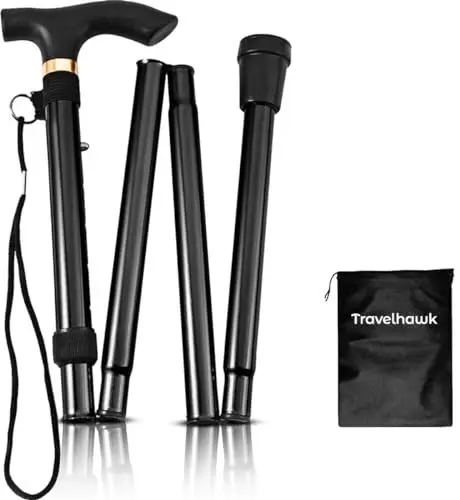 Produktbild: TravelHawk Gehstock Klappbar Schwarz - Wanderstock Faltbar und Höhenverstellbar Gehstock Herren Damen und Senioren Spazierstock mit Klinge und Aufbewahrungstasche