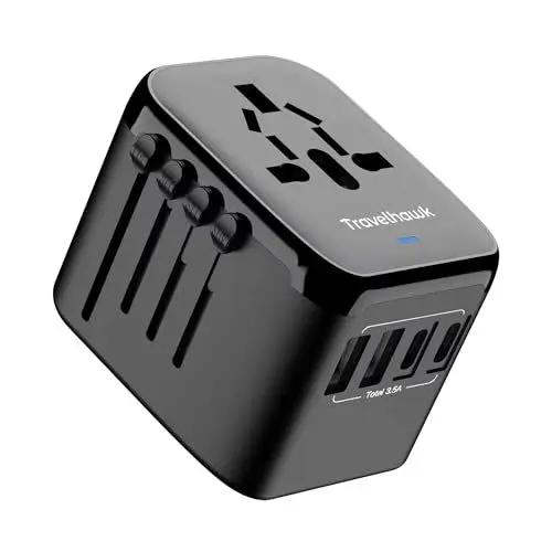 Produktbild: TravelHawk Reiseadapter Weltweit, Schnellladegerät, 35W Typ G, Typ A Ladegerät, 2 USB-C und 2 USB, Reisestecker, Universal Adapter für Deutschland USA Japan England Thailand Italien Australien
