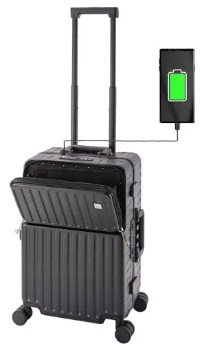 Produktbild: Travelhouse Roma Handgepäck Koffer mit USB Anschluss, Getränkehalter, Alu-Rahmen, PC Hartschale, Trolley, Bordkoffer Rollkoffer Cabin Case 55x35x23 cm, Schwarz