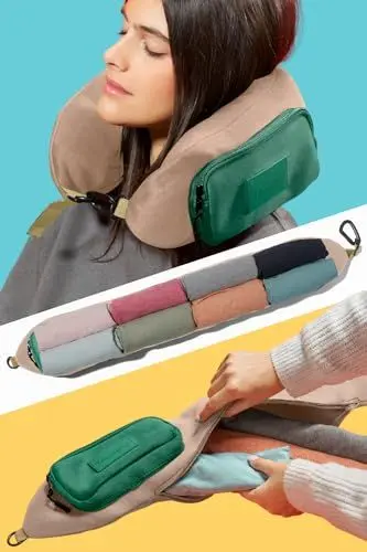 Produktbild: TRAVELLERO Befüllbares Nackenkissen | Reisekissen Tasche | Nackenkissen Flugzeug, Nackenrolle, Travel Essentials, Nackenhörnchen, Reisekissen Flugzeug, Nackenkissen Reise, Mittel, Beige und Grün