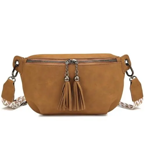 Produktbild: Travistar Crossbody Bag Damen Breiter Gurt Umhängetasche Bauchtasche Damen Stylisch - Wildleder Gürteltasche Damen Quasten Brusttasche Elegante Schultertasche Moderne Taschen für Jeden Anlass Braun