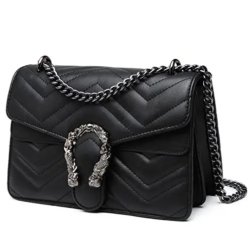 Produktbild: Travistar Crossbody Bag Umhängetasche - Gesteppt Kette Handtasche Damen Klein Schultertasche Leder Cross Body Tasche Mode Abendtasche mit Verstellbarer Ketten-Schulterriemen Schwarze
